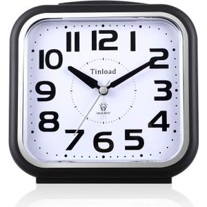 Tinload 5.5" Large Analog Alarm Clock Silent Non Ticking, Gentle Wake, Beep Sounds, Increasing Volume, Battery Operated Snooze and Manual Light, Easy Set, Black (Best for Elder)