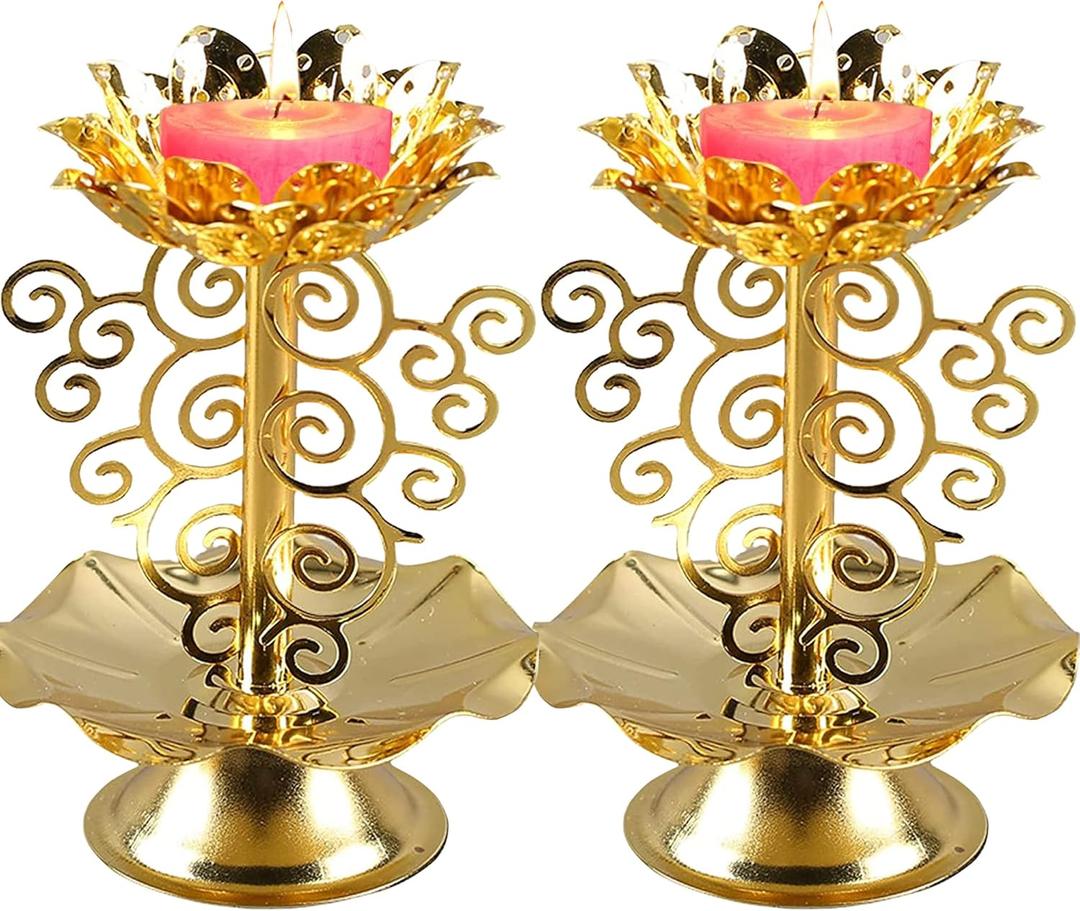 2 Pack Diwali Diyas for Pooja Purpose, Brass Lotus Ghee Lamp Holder Indian Diyas for Diwali Oil Lotus Candle Lamp Buddha for Home