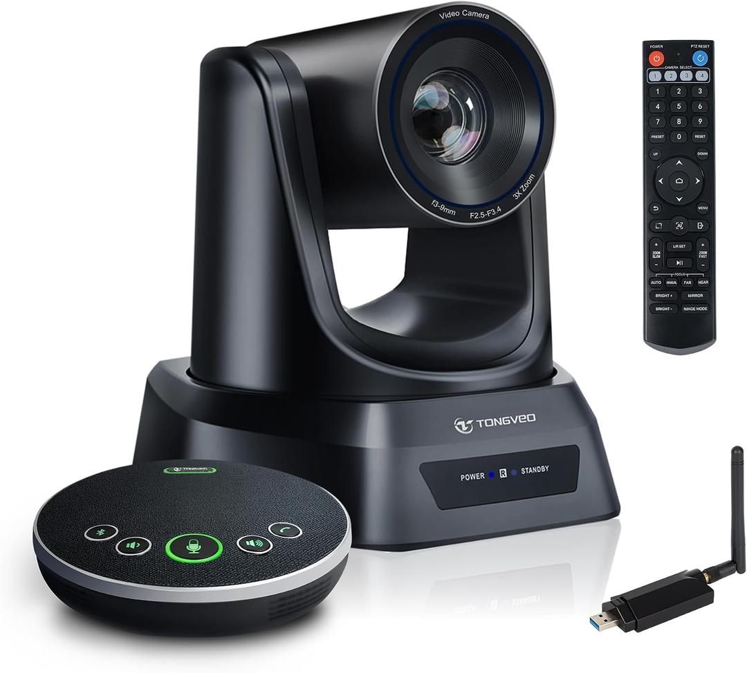 TONGVEO AI Wireless PTZ Camera System with Auto Tracking Built-in Receiver & Bluetooth Speakerphone, 5.8GHz 1080P 60fps Conference Camera with 3X Optical Zoom, for Church Zoom, OBS Meetings