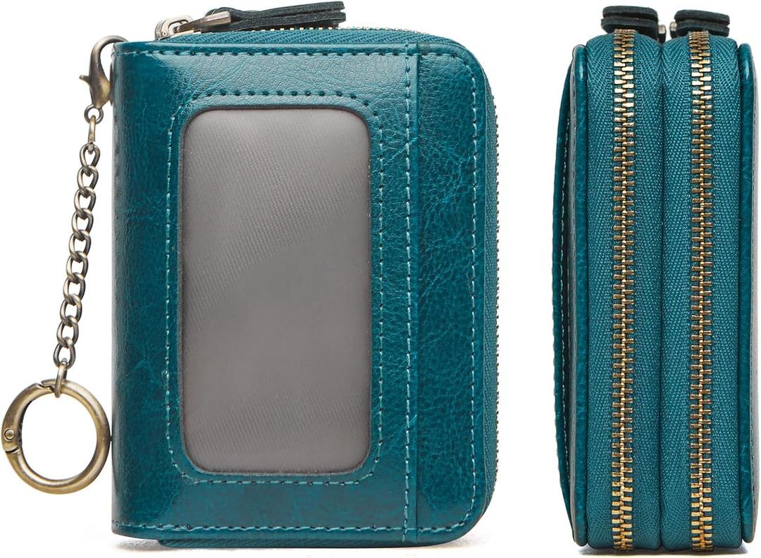 TFKGS Credit Card Holder for Women RFID Wallet Leather Womens Wallet with Zipper Blocking Keychain Card Accordion Wallets Gifts for Women Blue (1-Dark Blue)