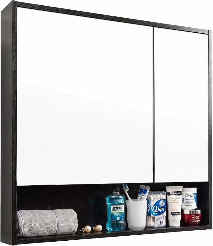 ALIMORDEN Medicine Cabinet with Mirror and Shelves, Oversized Bathroom Wall Storage Organizer Over The Vanity, Toilet, Recessed or Surface Mount, 30.4" L x 29.5" H, Black