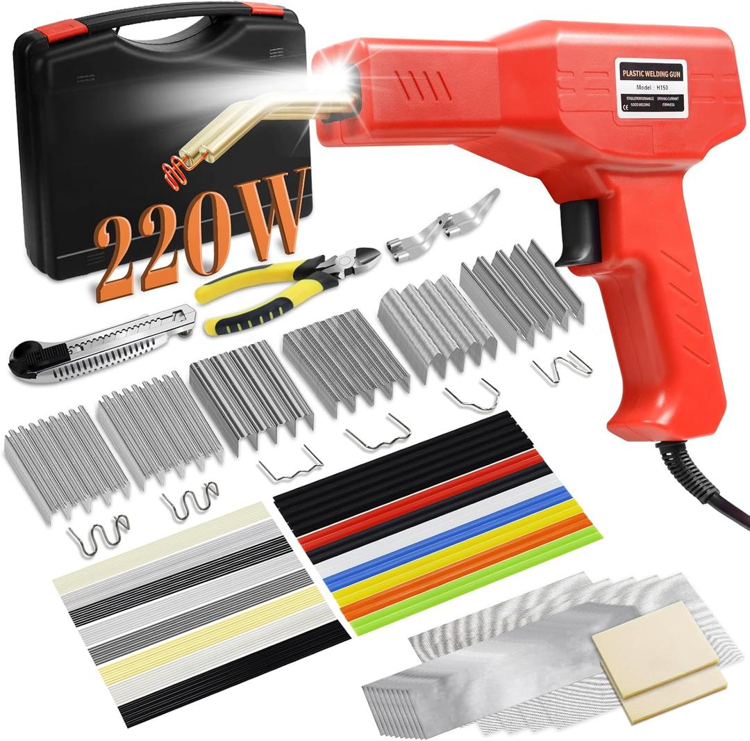 220w Plastic Welder,Upgraded 2 in 1 Plastic Welding Kit,Plastic Repair Kit 1000pcs Hot Staples & 92pcs Plastic Welding Rods for Car Bumper Plastic Crack Repair (Red)