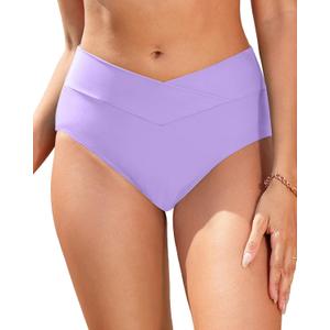 Women V Cut Full Coverage Bikini Bottom - High Waist Swim Bathing Suit Bottoms Cross V Front Swimsuit (Medium)