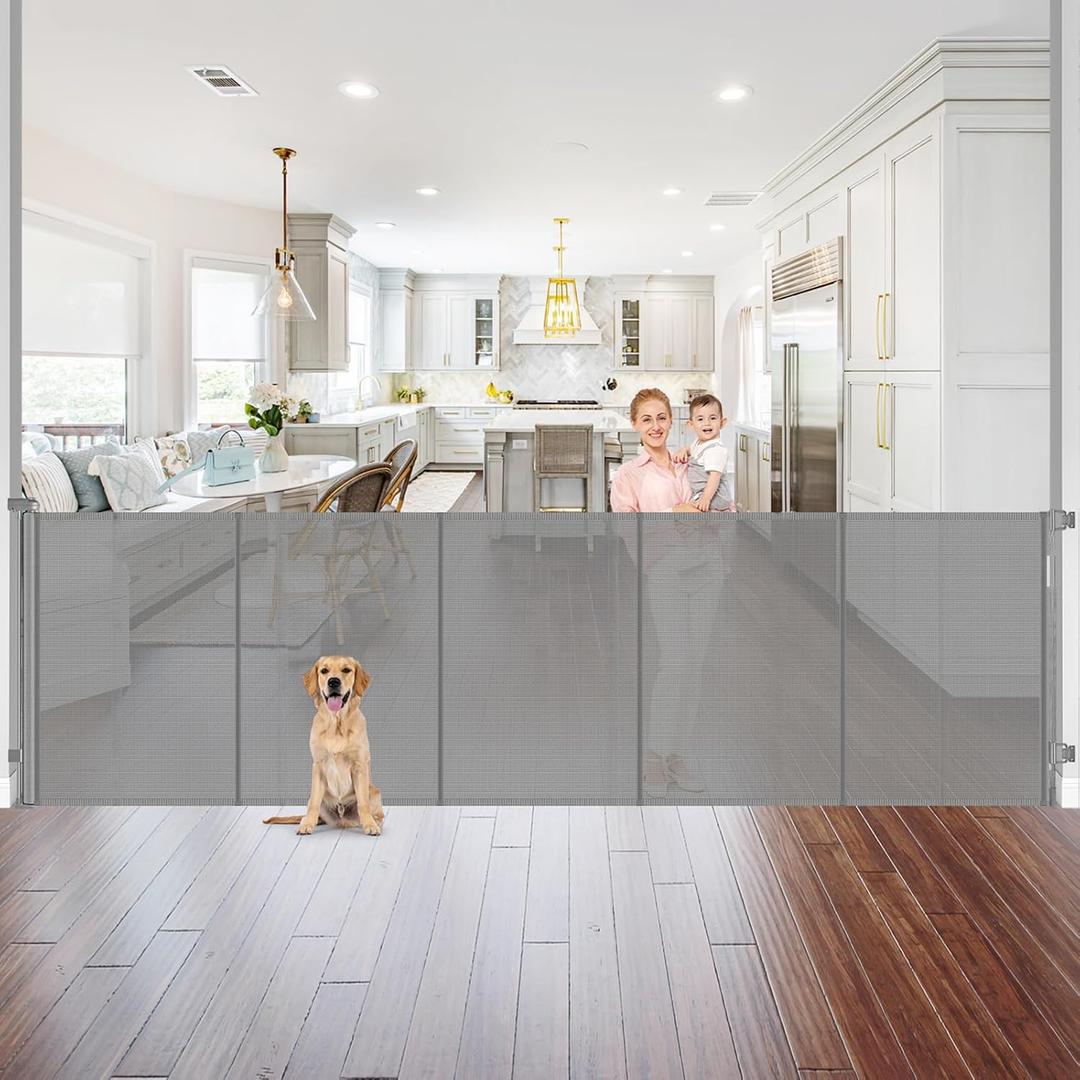Reinforced 42" Extra Tall x 96" Wide Retractable Pet Gate with Support Rods-Prevent Crawling Under, Mesh Baby Gate Long Dog Gate Indoor/Outdoor Retractable Gate Tall Dog Gates for Doorways, Gray