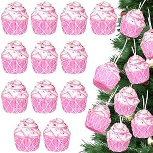 Vercraft 12 Pcs Cupcake Ornaments Set Christmas Hanging Christmas Tree Foam Cupcake Pastel Mini Dessert Ornaments for Xmas Tree Decoration Party Supplies (Pink Cupcakes)