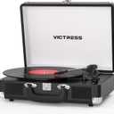 Vinyl Record Player with Bluetooth in/Out, Vintage Portable Suitcase Record Player, 3-Speed LP Turntable with USB Vinyl-to-MP3 Conversion, Stereo Speakers, RCA in & Headphone Jack, Black