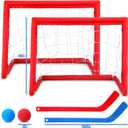 Leyndo 2 Sets Kids Mini Hockey Set Includes 2 Hockey Nets 2 Mini Hockey Goal 4 Plastic Mini Hockey Sticks 4 Foam Balls Knee Hockey Goal Hockey Ball for Kids Indoor Floor(Bright Color)