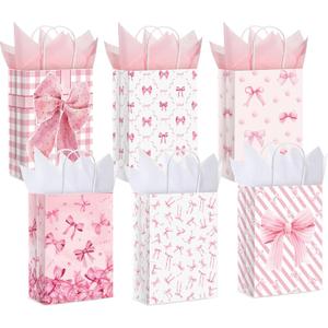 MotiMind 24 Pcs Christmas Pink Bow Paper Gift Bags with Tissue Papers Women Coquette Birthday Party Favor Bag with Handles Goodie Candy Sack for Bachelorette Bridal Shower Wedding(White Pink)