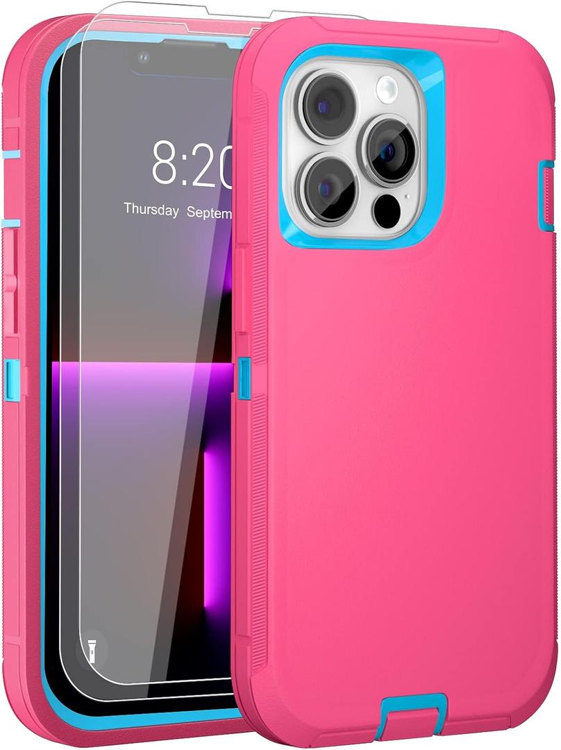 JGS for iPhone 13 Pro Max Case 6.7", Military Grade 3 in 1 Heavy Duty Shockproof/Drop Proof Case with 2 PCS Tempered Glass Screen Protector (Pink Blue)