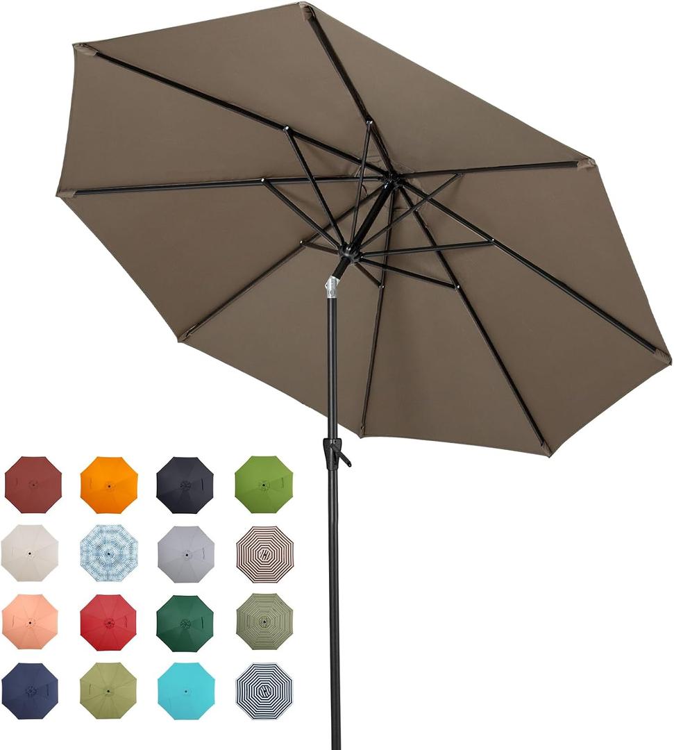 Tempera 9ft Patio Market Outdoor Table Umbrella with Push Button Tilt and Crank, Large Sun Umbrella with Sturdy Pole & Fade Resistant Canopy, Easy to Set, Taupe