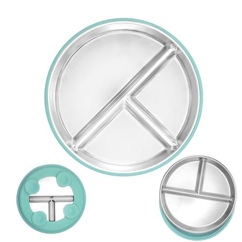 Stainless Steel Baby Plates with Suction, Kids Plates Non Toxic BPA Free Non-Slip Unbreakable Snack Lunch Plate for Toddler 1-3,Removable Silicone Shell