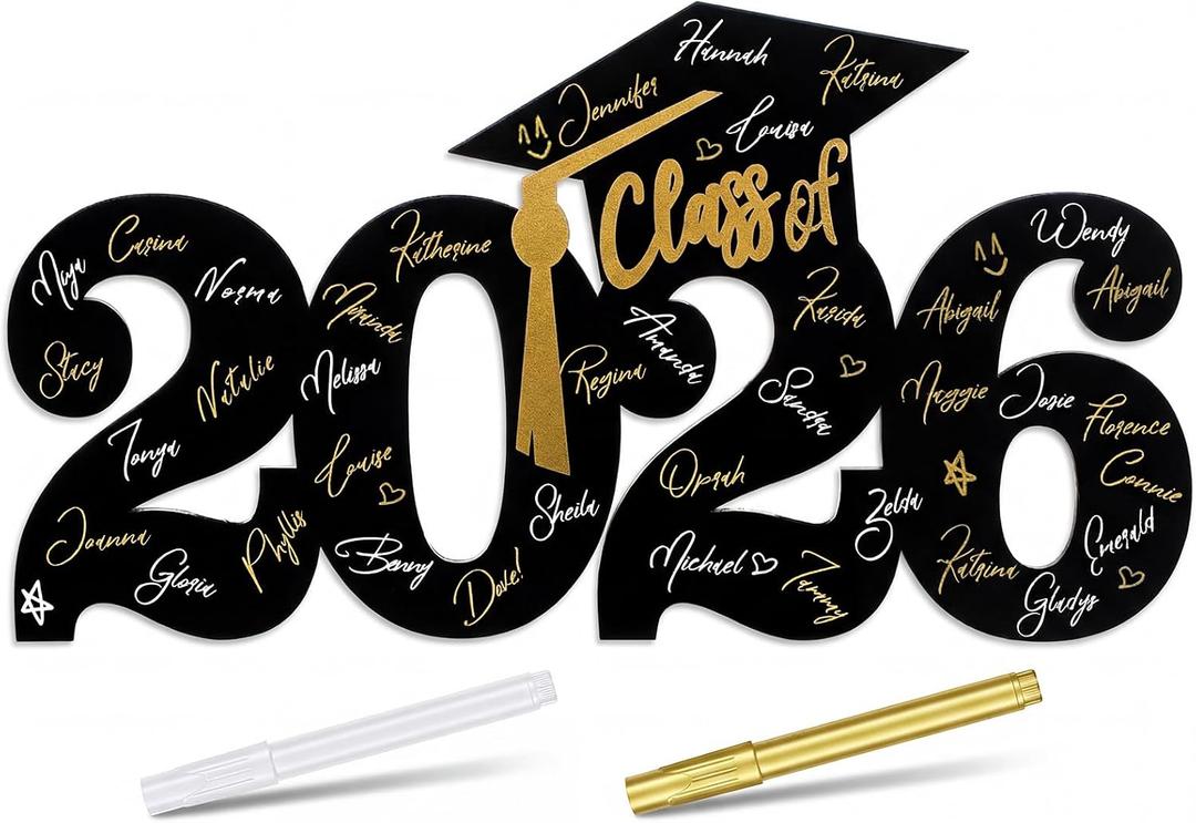 Colingmill 2026 Wooden Graduation Guestbook Sign Set with White and Gold Signature Pen 2026 Guest Book Signature Board Graduation Poster Photo Props for Grad Party Decoration Gift