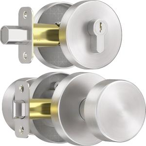 Exterior Door Knob with Single Cylinder Deadbolt Lock Set, Round Entry Door Knob with Deadbolt Locksets, Brushed Nickel Front Door Lock Set, Satin Nickel Front Door Handle and Deadbolt Set