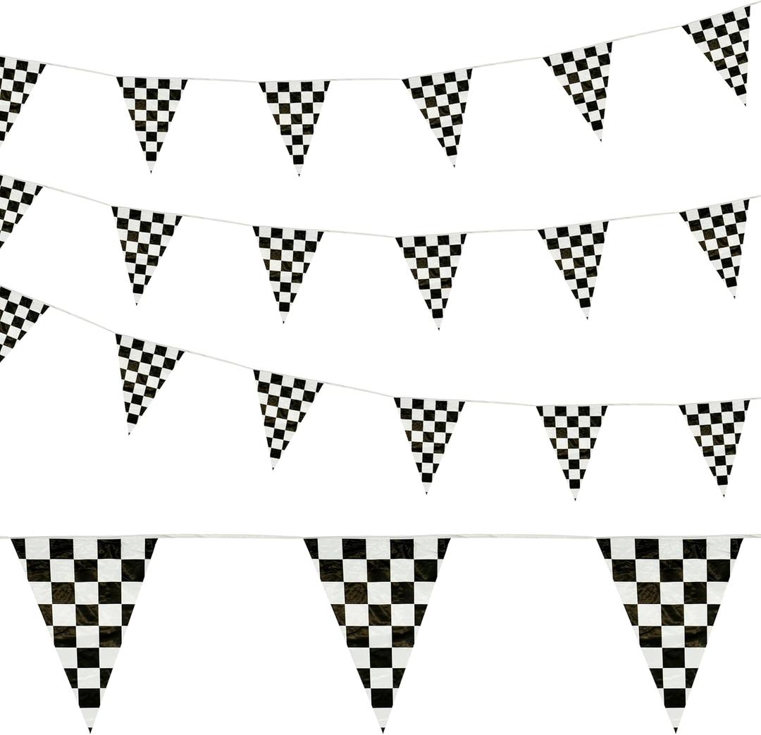 4Es Novelty Checkered Flag Banner 100 Ft - Plastic, Racing Birthday Decorations Banner with Large 12"x18" Pennants. Black and White Checkered Decor for Race Car-Themed Birthday Party Supplies