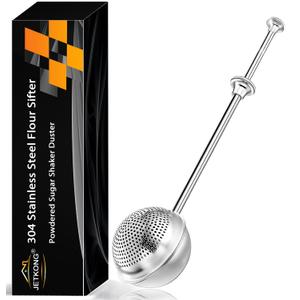 JETKONG Large Flour Duster for Baking, One-Handed Operation Sugar Sifter, 304 Stainless Steel Dusting Wand, Flour Sprinkler for Bread Baking (Large, Silver)