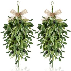 22" Spring Wreaths for Front Door 2 PCS Olive Teardrop Swag Summer Wreathswith Olive Leaf Fruit, Home Decoration for Outdoor Living Room Indoor Wall and Outside Summer All Season Wedding