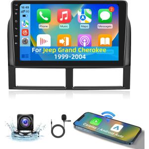 Android 4G+64G Car Radio for Jeep Grand Cherokee 1999-2004 - 9 Inch HD Touch Screen Stereo with Wireless Carplay & Android Auto - 32 EQ DSP/WiFi/GPS/SWC/Split Screen + AHD Rear View Camera