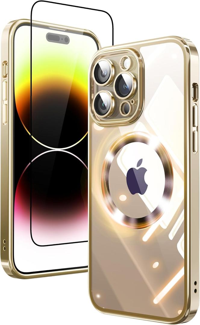 2 in 1 for iPhone 14 Pro Case Crystal Clear, Not Yellowing, Compatible with Magsafe, with 1X Screen Protector + Camera Lens Protector, Shockproof Protective iPhone 14Pro Case, Gold