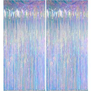 Iridescent Clear Tinsel Curtain Backdrop, 3.28 x 8ft Extra Long Rainbow Foil Fringe Curtain with Extra Tape, Shimmer Party Decoration for Ocean, Unicorn, Birthday & Photo Booth, 2 Pack
