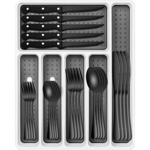 Black Silverware Set, Umite Chef 49-Piece Flatware Set with Drawer Organizer, Durable Stainless Steel Cutlery Set for 8, Tableware Eating Utensils with Steak Knives for Home Restaurant