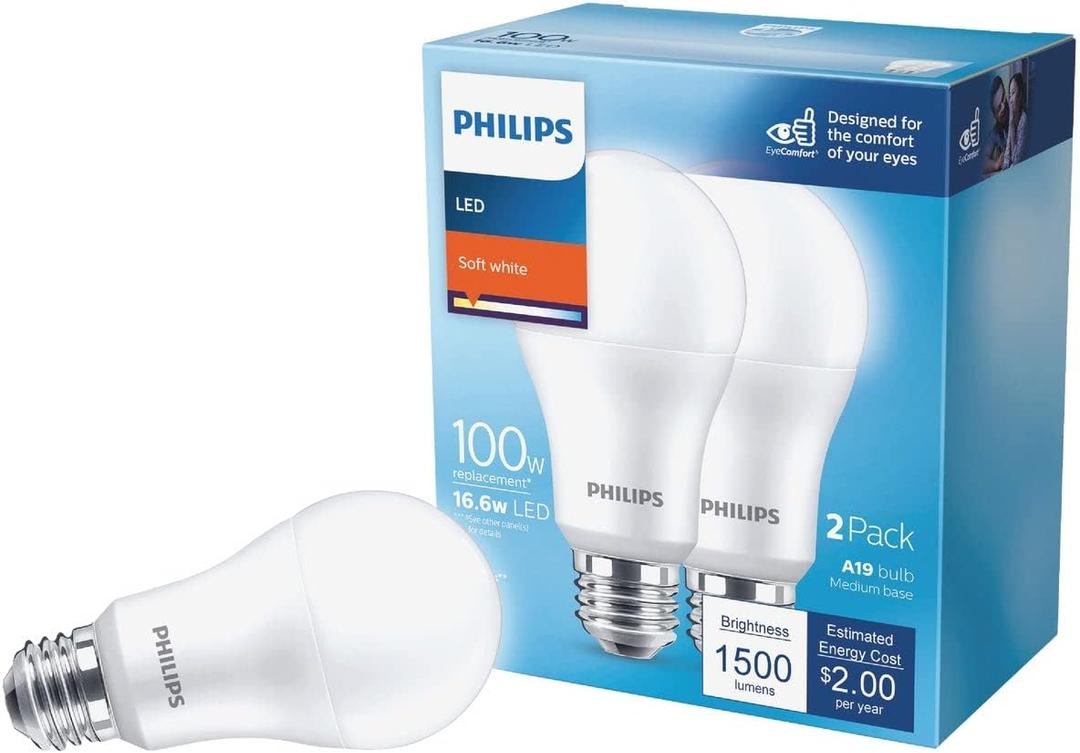 Philips A19 E26 (Medium) LED Bulb Soft White 100 Watt Equivalence, 2 Pack