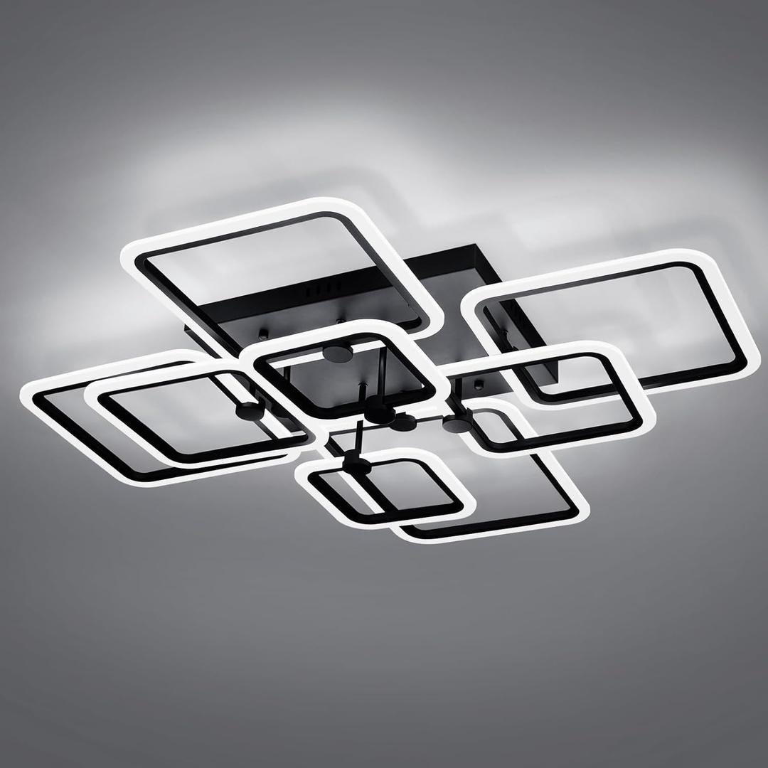 Dimmable Modern LED Ceiling Light 8-Square Black Flush Mount LED Ceiling Light with Remote for Living Room Bedroom Close to Ceiling Light Fixture (8 Light-39.4 inch)