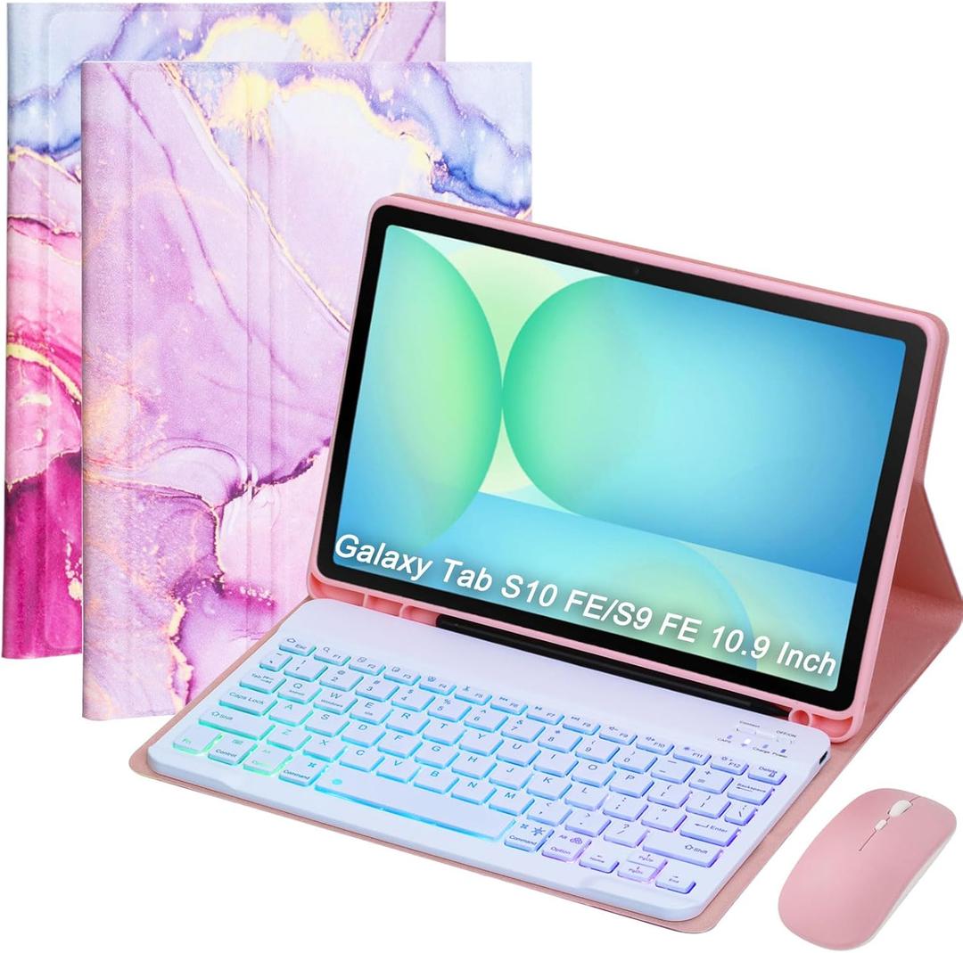 Keyboard Case for Samsung Galaxy Tab S10 FE/S10 Lite/S9 FE 10.9 2025/Galaxy Tab S9 11 Inch 2023, Mouse and Detachable Bluetooth Backlit Keyboard, Folio Cover with Pen Holder (Pink Marble)