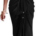 BTFBM Summer Dresses for Women 2025 Long Sleeve Lapel V Neck Button Down Elegant Belted Ruched Satin Shirt Fall Dress (X-Large, Black)