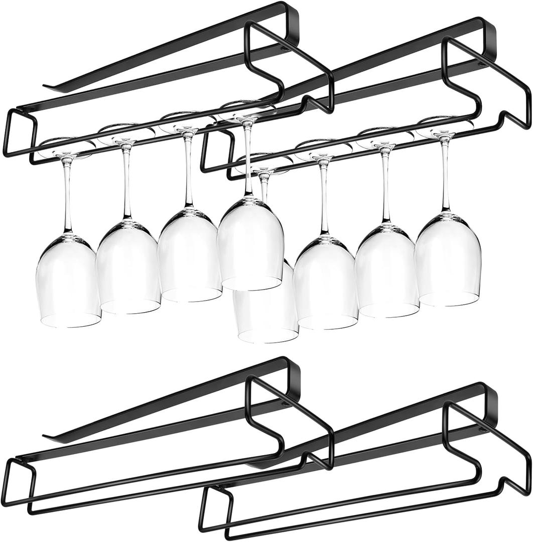 4 Pcs 10 Inch Wine Glass Rack Under Shelf, Stemware Holder for Bar, Kitchen, Pub (Black)