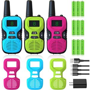 Walkie Talkies for Kids Rechargeable 3 Pack - Long Range Kid Walkie Talkie for Camping Hiking Outdoor - Walkie-Talkies Walky Talky for Kids - Toys and Gifts for 3-12 Year Old Boys Girls (with battery red blue green)