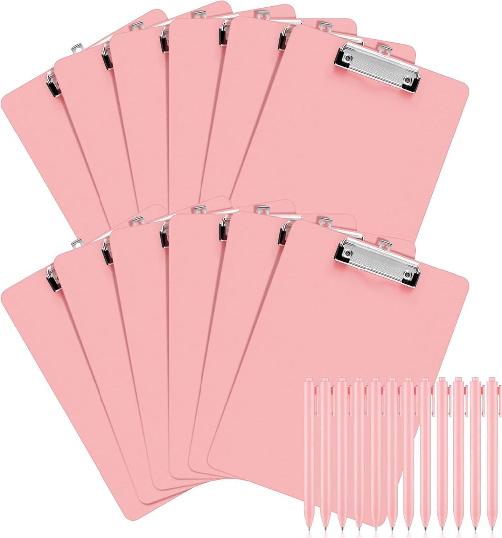 Fulmoon 12 Sets Pink Plastic Clipboards Include 12 Pcs Black Ink Pink Pens Lightweight Standard A4 Letter Size Office Clip Board with Pen Holder Low Profile for Back to School Nurse Teacher 12 x 8.58