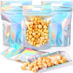 60 Pcs Iridescent Snack Bags with Handles Reusable Plastic Holographic Gift Bags Colorful Candy Treat Goodie Cookie Handbags for Baby Shower Halloween Birthday Party Favors Supplies