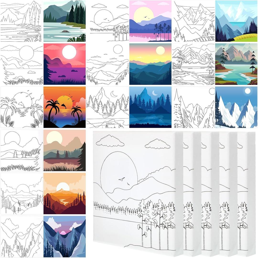 Teling 12 Pcs Pre Drawn Stretched Canvas Kit for Adults Painting Pre Printed Canvas Outline for DIY Painting Party Favor,6 x 6 x 0.6 Inches(Mountain)