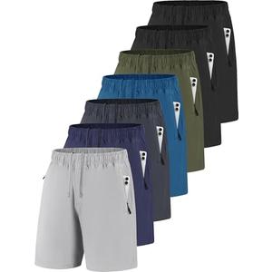POVWVPY Men Running Athletic Shorts, Quick Dry 7 inch Inseam Gym Workout Men Shorts with Deep Pocket & Zipper, L