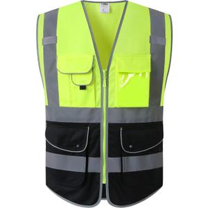JKSafety 9 Pockets High Visible Reflective Safety Vest Zipper Front Breathable Lining, Yellow-Black Meets ANSI/ISEA Standards(150-Yellow-Black XL