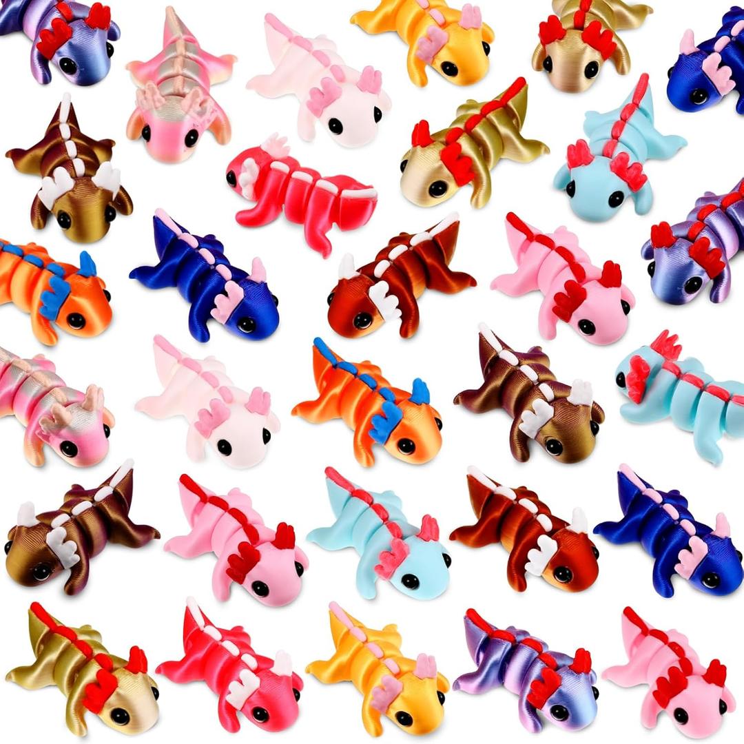Honoson 24 Pcs 3D Printed Axolotl Fidget Toy 3D Printed Small Animal Toy Flexible Cute Articulating Pet Stress Relief Fidget Toys for Play and Display