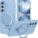 Liquid Silicone Case for Samsung Galaxy S24 with Magnetic Stand, Mil-Grade Drop Shockproof, Full Camera Protection Anti-Scratch Microfiber Lining Silicone Phone case, Light Blue