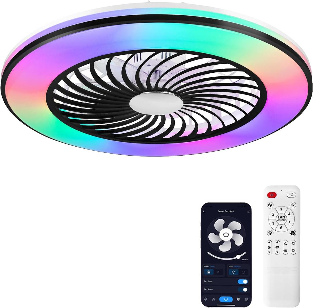 2-in-1 Low Profile Ceiling Fan with Light, 24 Caged Safety Design for Kids - RGB Color, Smart APP/Remote Control, Quiet Flush Mount DC Motor, Ideal for Bedroom/Living Room/Kitchen, Black
