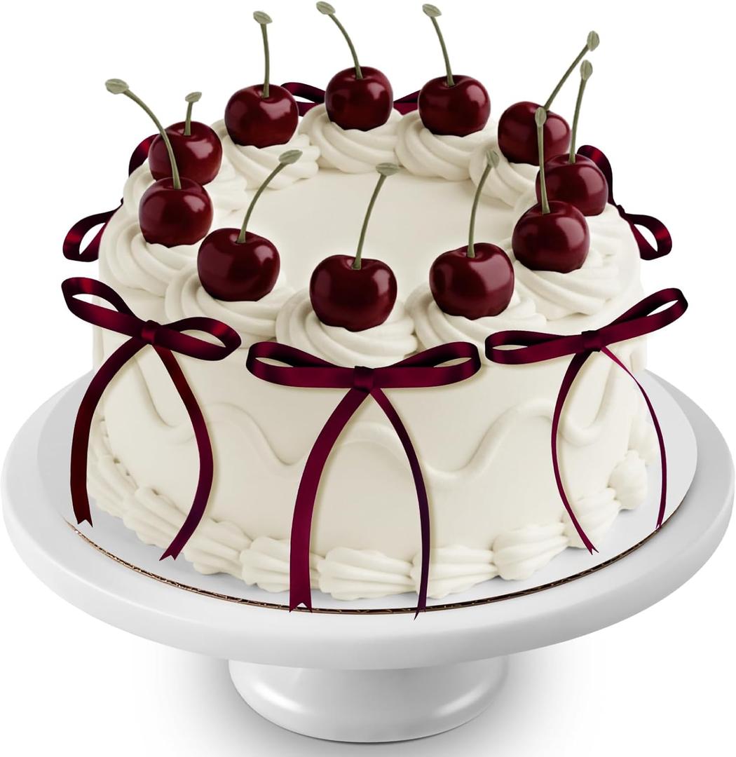 Chunful 24 Pcs Burgundy Cherry Cake Decorations and Bow Fake Cherries Cake Toppers Artificial Fruit Decor for Birthday Party Decorations Valentines Bridal Wedding Party Supplies (Dark Red)