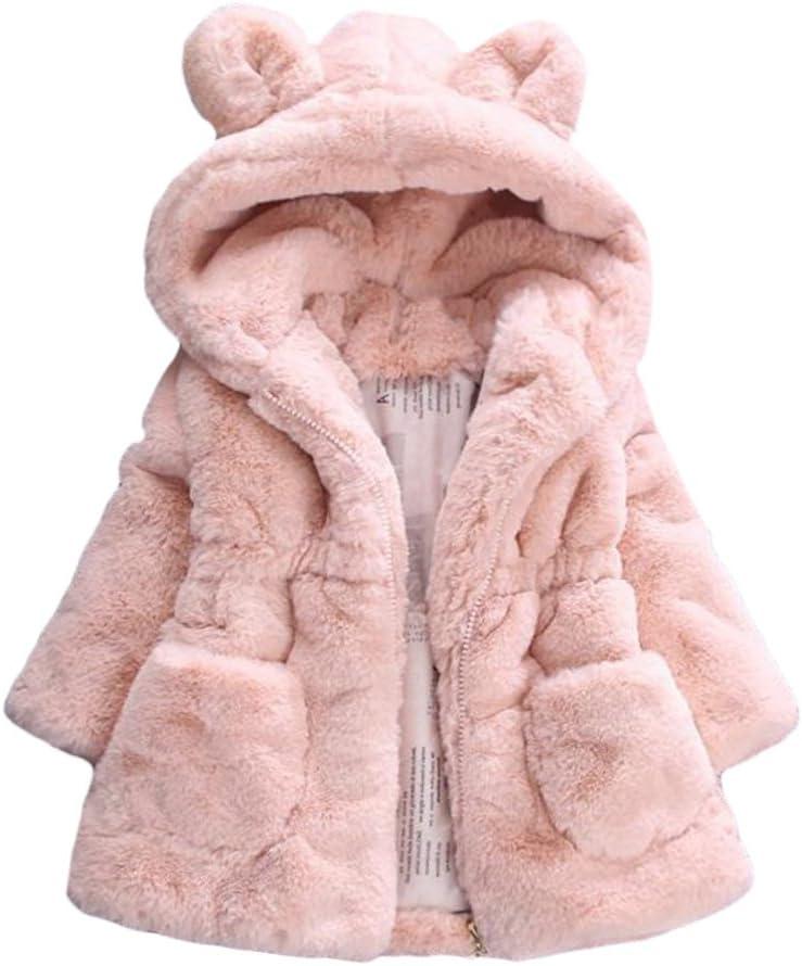 Mallimoda Girls Winter Warm Coats Ear Hooded Faux Fur Fleece Jacket (1-2T, Pink)
