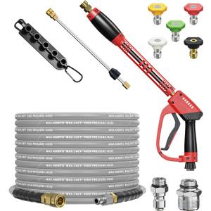 Pressure Washer Gun and Hose Kit, 4800PSI Steel-Braided & Durable - Flexible & Kink-Resistant Power Washer Hose 25 FT with 3/8" Swivel Quick Connector and M22 14mm Adapters Replacement