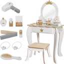 Little Girls Makeup Table with Mirror and Chair, Kids Vanity Table&Chair Set with Storage Drawer,Toddler Pretend Play Vanity Set with 9 pcs Multiple Make up Accessories,Princess Vanity Desk for 3+Kid