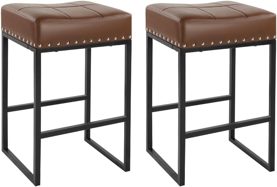 KKTONER Bar Stools Set of 2 Counter Height Stools 24-Inch Saddle Seat PU Leather Kitchen Stools with Footrest Dining Room Kitchen Island stools (Brown)