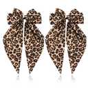 Mabor 2Pcs Leopard Print Hair Bow Clips with Long Tail Ribbon Satin Leopard Big Metal Hair Bow Barrettes Ponytail Styling Accessories for Women Girls