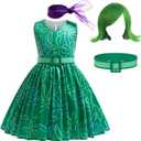 keaiyouhuo Girls Green Disgust Costume Kids Joy Princess Dress Cosplay Halloween Birthday Christmas Outfits with Wig (7-8 Years)