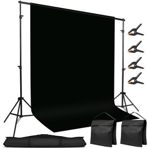10x7ft Adjustable Photography Backdrop Stand Kit  Photo Studio Background Support with 4 Crossbars, 4 Clamps, 2 Sandbags (with 10 * 7 Feet Black Backdrop Curtain)