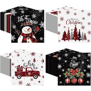 Janlaugh 200 Pcs Christmas Paper Napkins Disposable Snowman Cocktail Napkins Decoupage 2 Ply Snowflake Dinner Napkins Santa Beverage Napkins for Xmas Winter Table Decor(Black,Snowman)