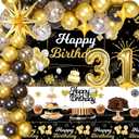 31st Birthday Decorations for Him, 31 Birthday Decorations Include Black and Gold Backdrop Banner, Tablecloth, Gold 31 Number Balloons, Explosion Star Balloons