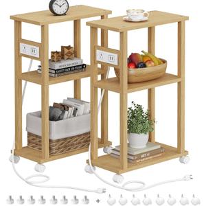 TUTOTAK Small Narrow Side Table with Charging Station, Skinny End Table for Small Spaces, Slim Nightstand with USB Ports and Outlet, Sofa Beside Table with Wheels, Natural TB01BN047 (2 PC)