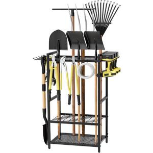 Homsorout Garden Garage Tool Organizer Yard Tool Organizer for Garage with 4 Hooks, Heavy duty Steel Garden Tool Rack Holds up to 48 Long Handled Yard tools for Storage